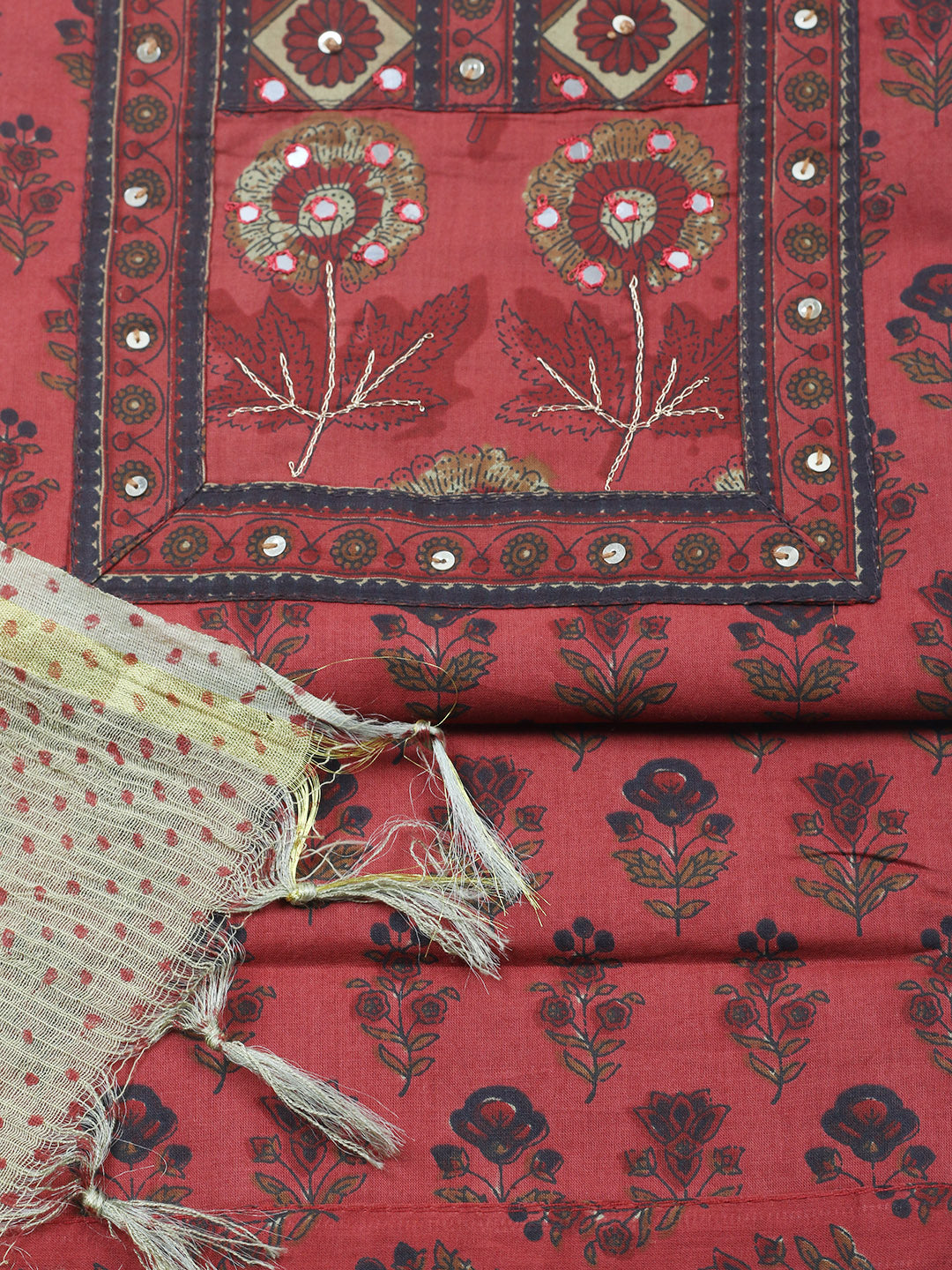 Printed Cotton Blend Unstitched Suit With Pant &amp; Dupatta