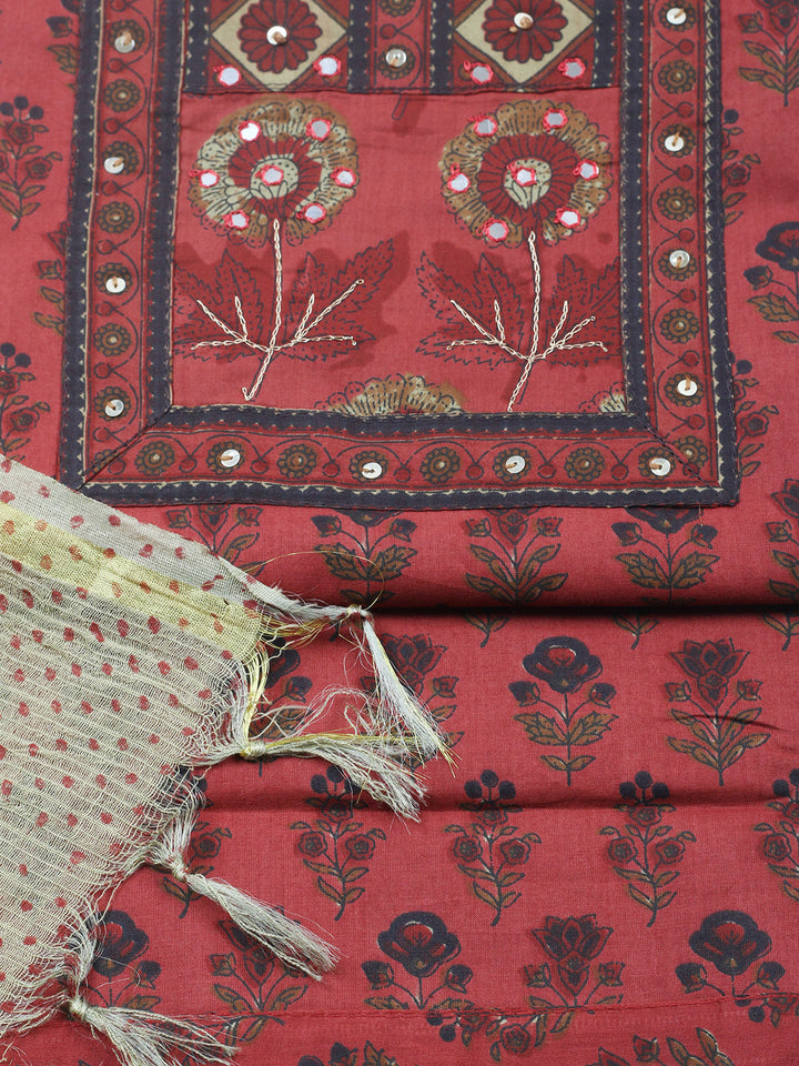 Printed Cotton Blend Unstitched Suit With Pant &amp; Dupatta