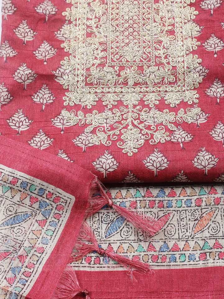 Embroidered Cotton Blend Unstitched Suit With Pant &amp; Dupatta