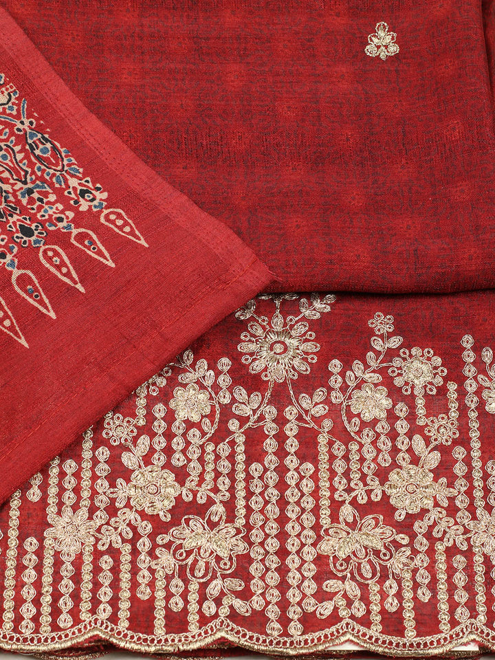 Embroidered Tussar Unstitched Suit With Pant &amp; Dupatta