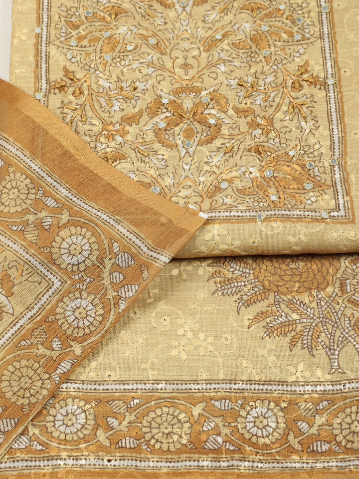 Embroidered Chanderi Unstitched Suit With Pant &amp; Dupatta
