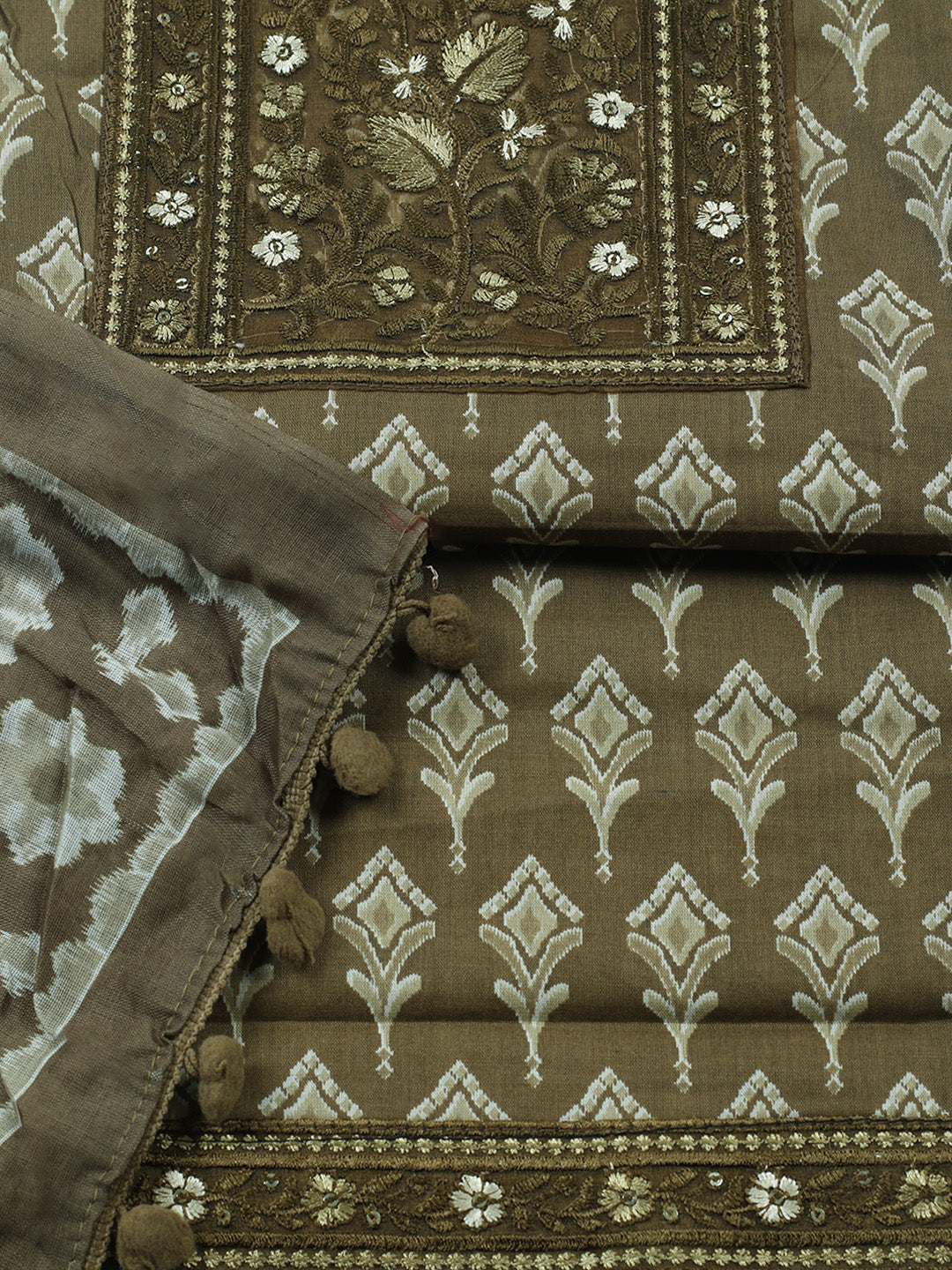 Printed Cotton Blend Unstitched Suit With Pant &amp; Dupatta