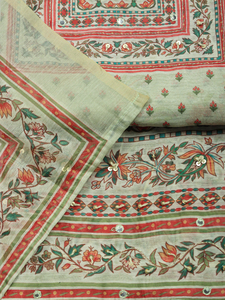 Embellished Chanderi Unstitched Suit With Pant &amp; Dupatta