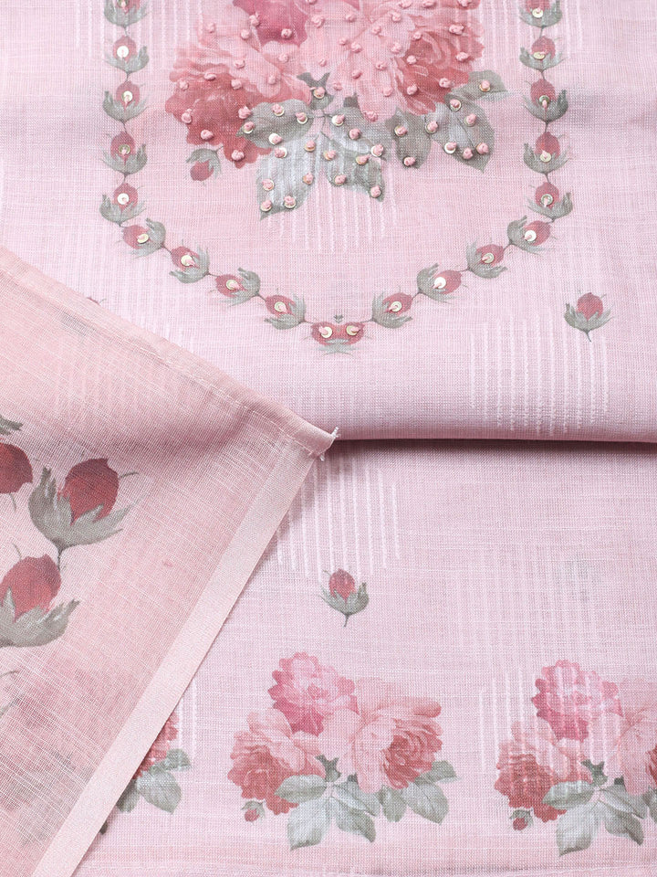 Embroidered Linen Blend Unstitched Suit With Pant Dupatta