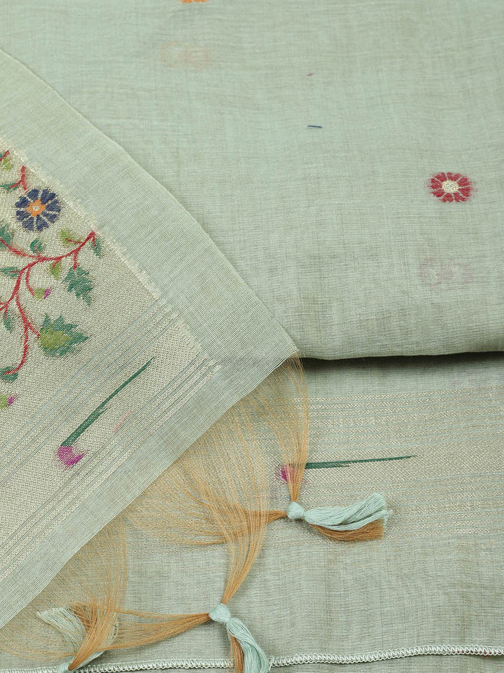 Embroidered Chanderi Unstitched Suit With Pant &amp; Dupatta