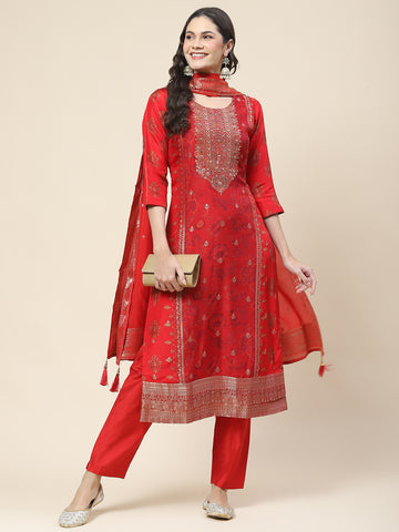 Floral Printed Handloom Kurta With Pants & Dupatta