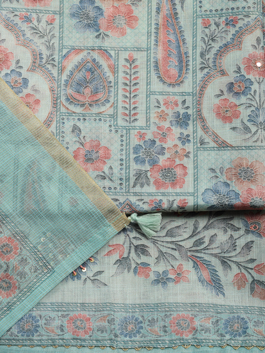 Printed Linen Blend Unstitched Suit With Pant &amp; Dupatta