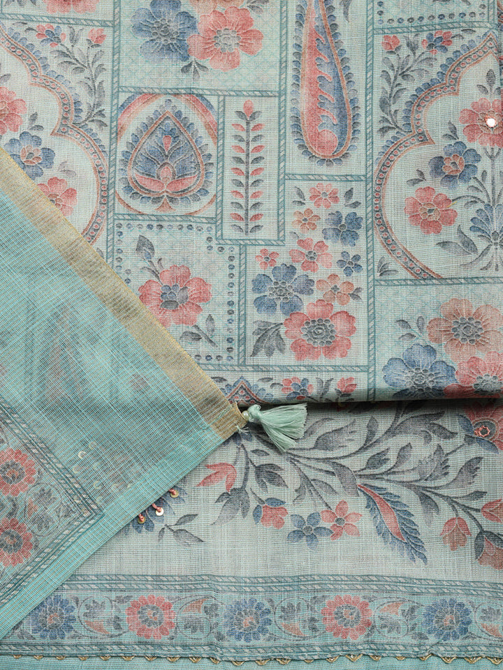 Printed Linen Blend Unstitched Suit With Pant &amp; Dupatta