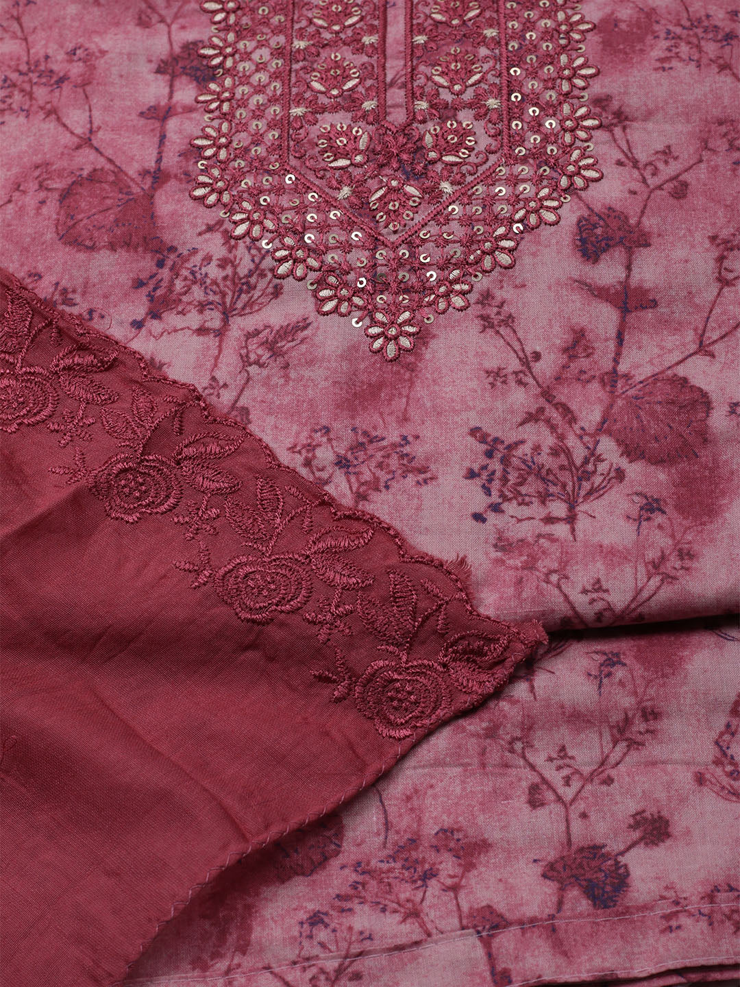 Embroidered Cotton Blend Unstitched Kurta With Pant & Dupatta