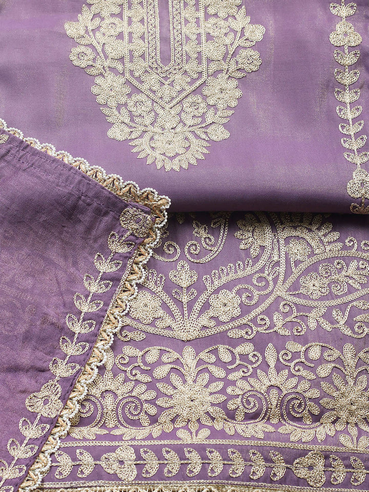 Embroidered Chanderi Unstitched Suit With Pant &amp; Dupatta