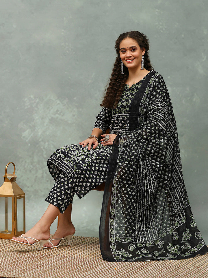 Printed Cotton Blend Kurta With Pants &amp; Dupatta