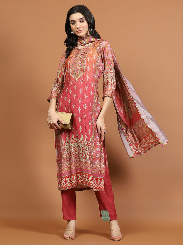 Neck Embroidered Muslin Kurta With Pants &amp; Dupatta