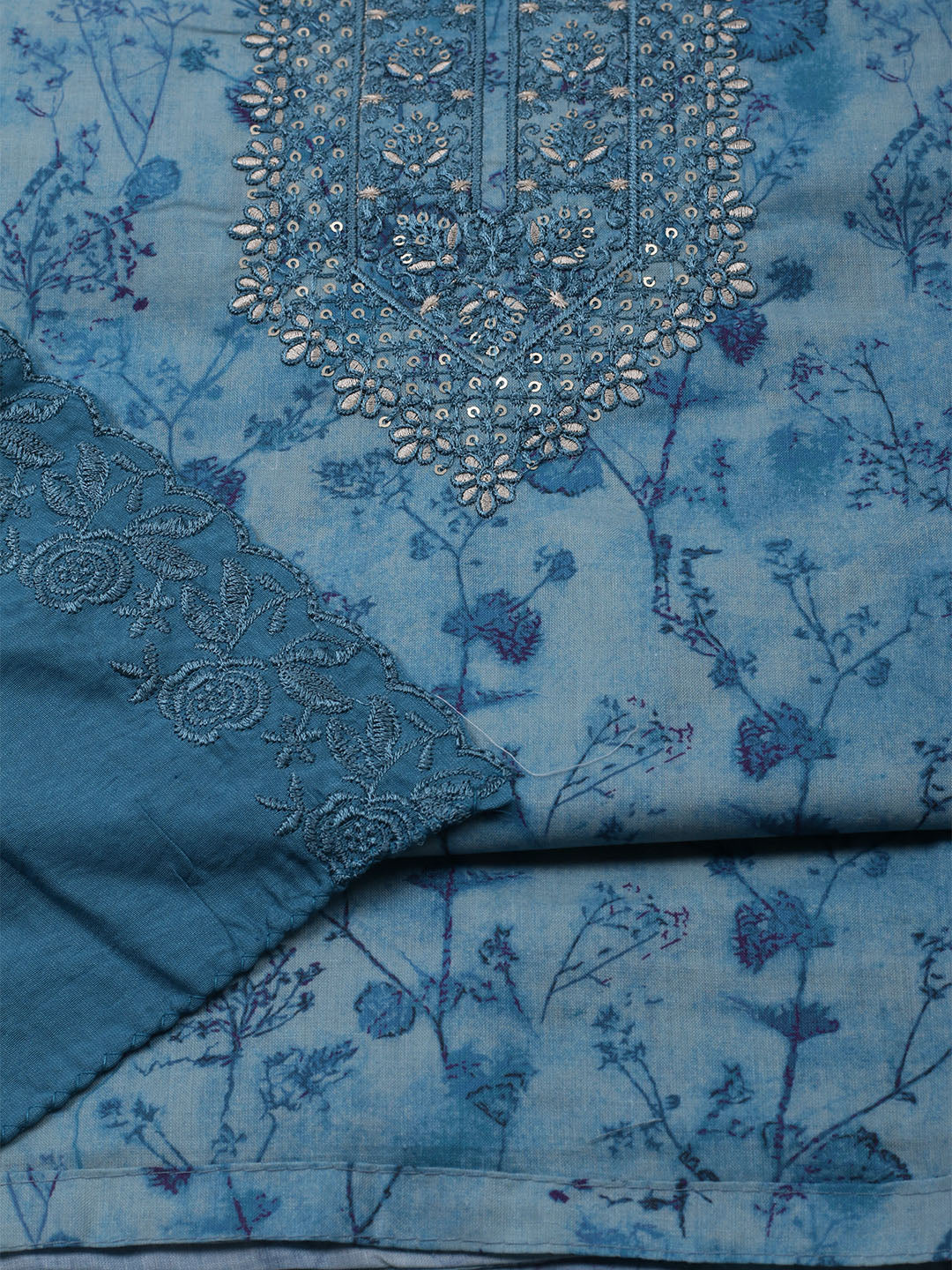 Embroidered Cotton Blend Unstitched Kurta With Pant & Dupatta