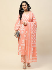 Printed Cotton Kurta With Pants & Dupatta