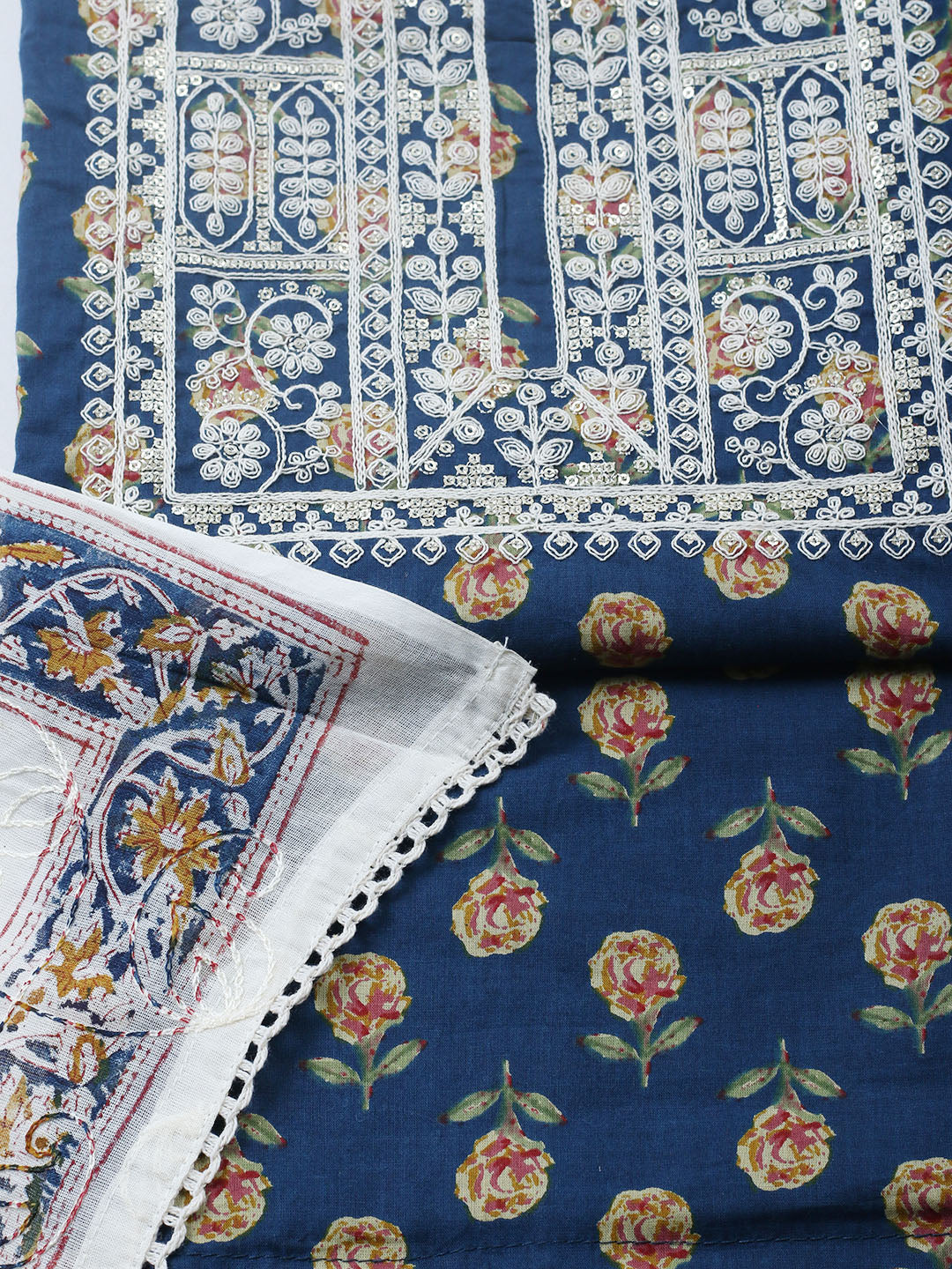 Printed Cotton Blend Unstitched Suit With Pant &amp; Dupatta