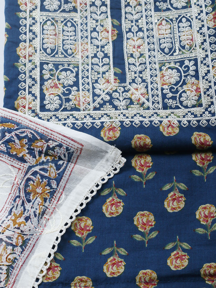 Printed Cotton Blend Unstitched Suit With Pant &amp; Dupatta