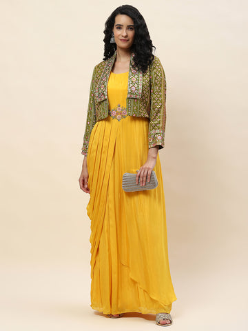 Resham Embroidery Crepe Gown Dress With Jacket