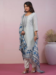 Neck Embroidery Art Tussar Kurta With Pants & Dupatta