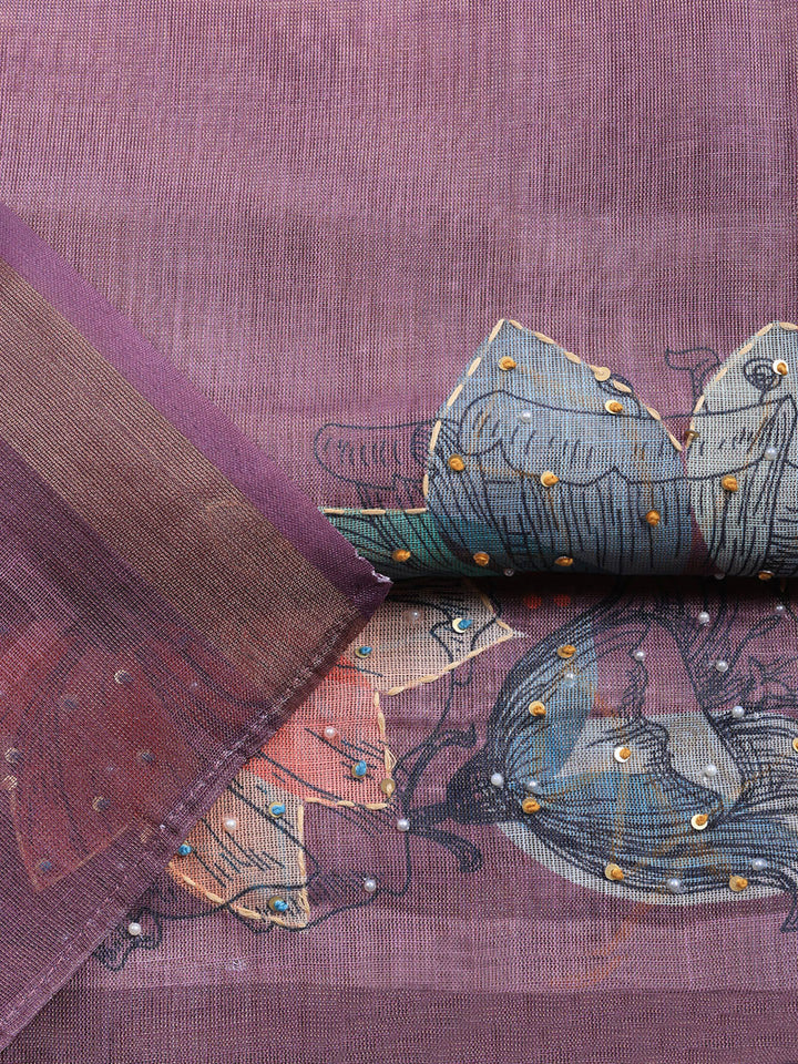 Printed Linen Blend Unstitched Suit With Pant &amp; Dupatta