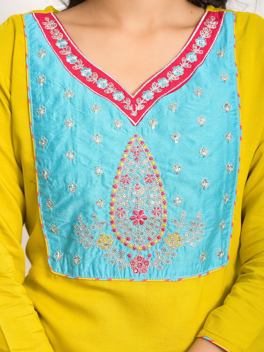 Neck Embroidered Muslin Kurta With Pants &amp; Dupatta