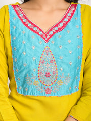 Neck Embroidered Muslin Kurta With Pants & Dupatta