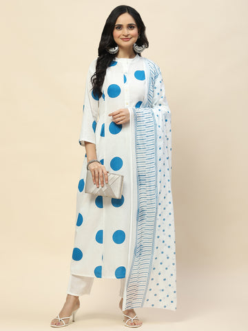 Printed Booti Cotton Kurta With Pants & Dupatta