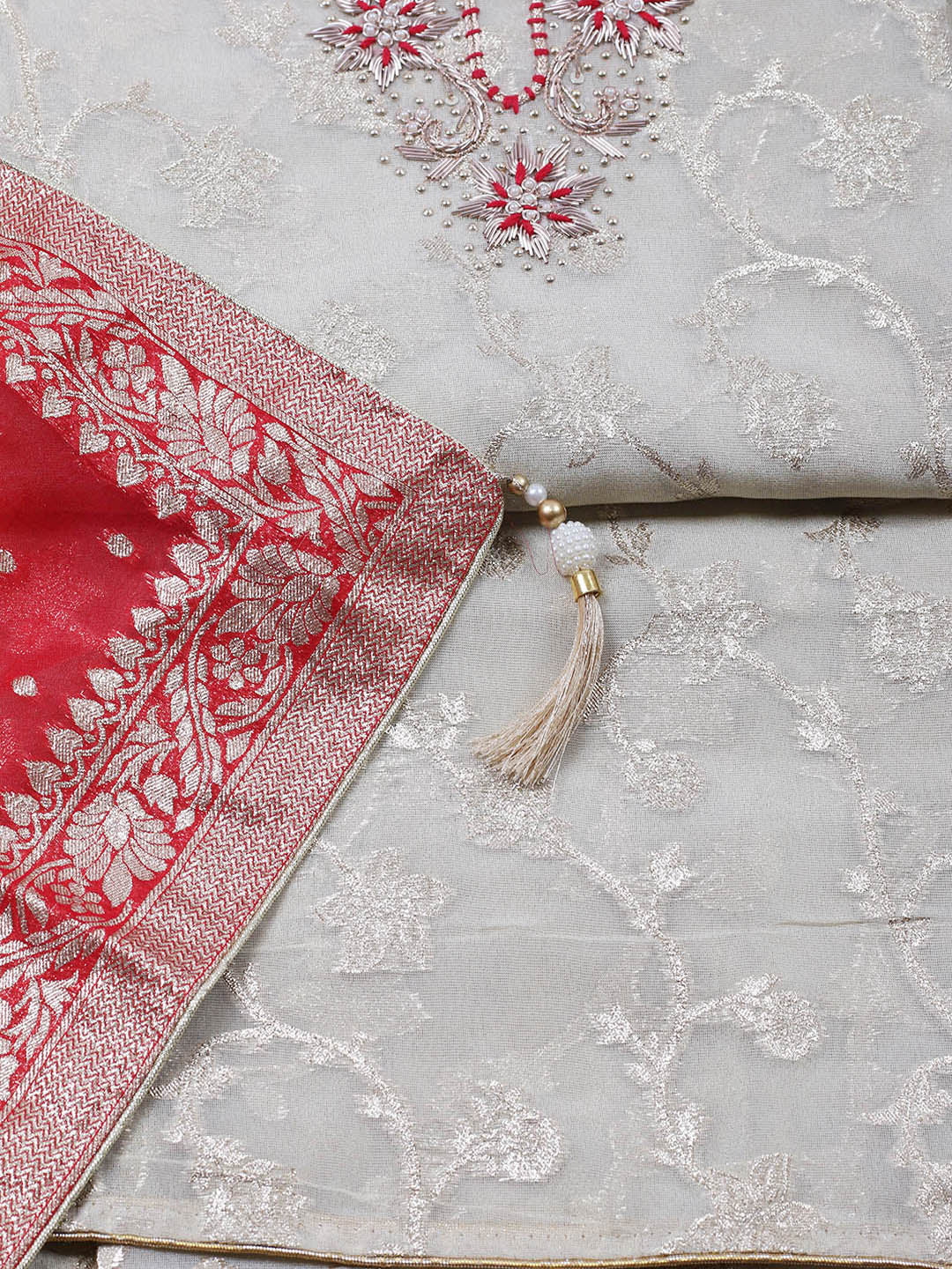 Embroidered Chanderi Unstitched Suit With Pant &amp; Dupatta