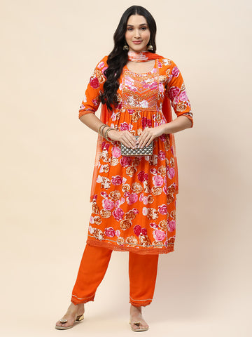 Floral Printed cotton Kurta With Pants & Dupatta