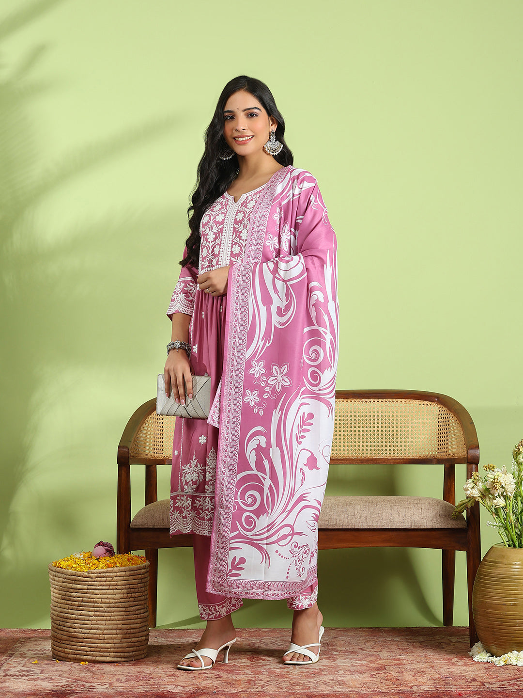 Embroidered Cotton Kurta With Pant &amp; Dupatta