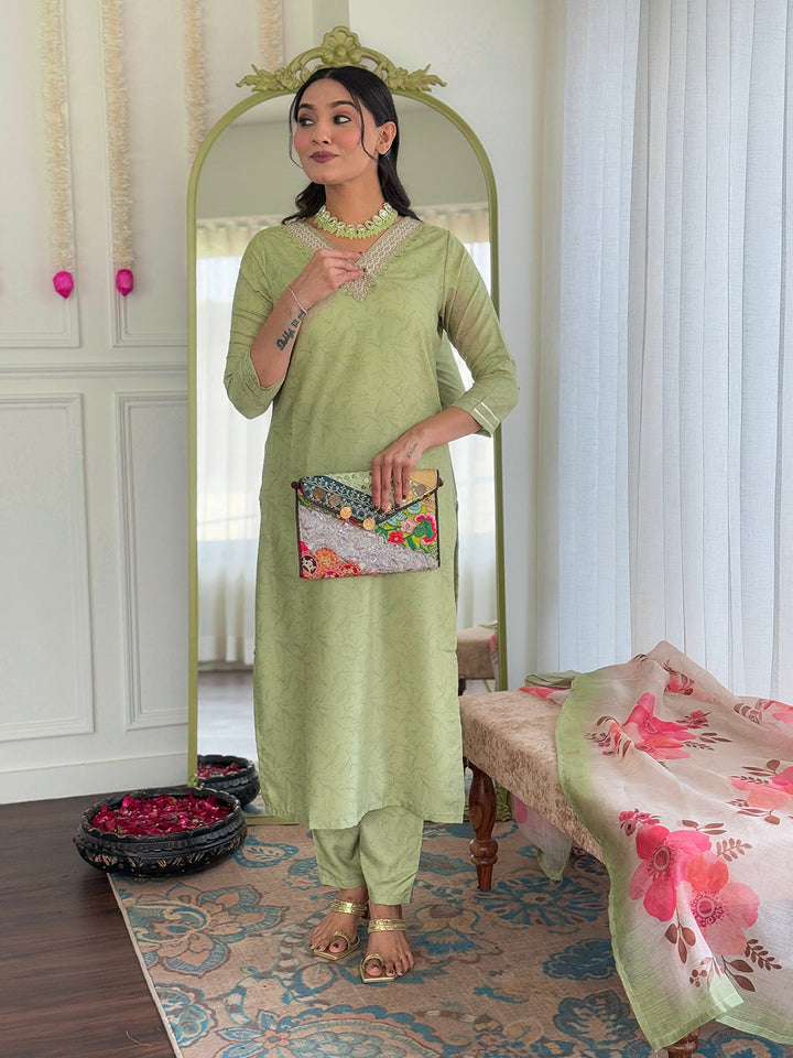 Printed Embroidery Cotton Blend Kurta With Pants &amp; Dupatta