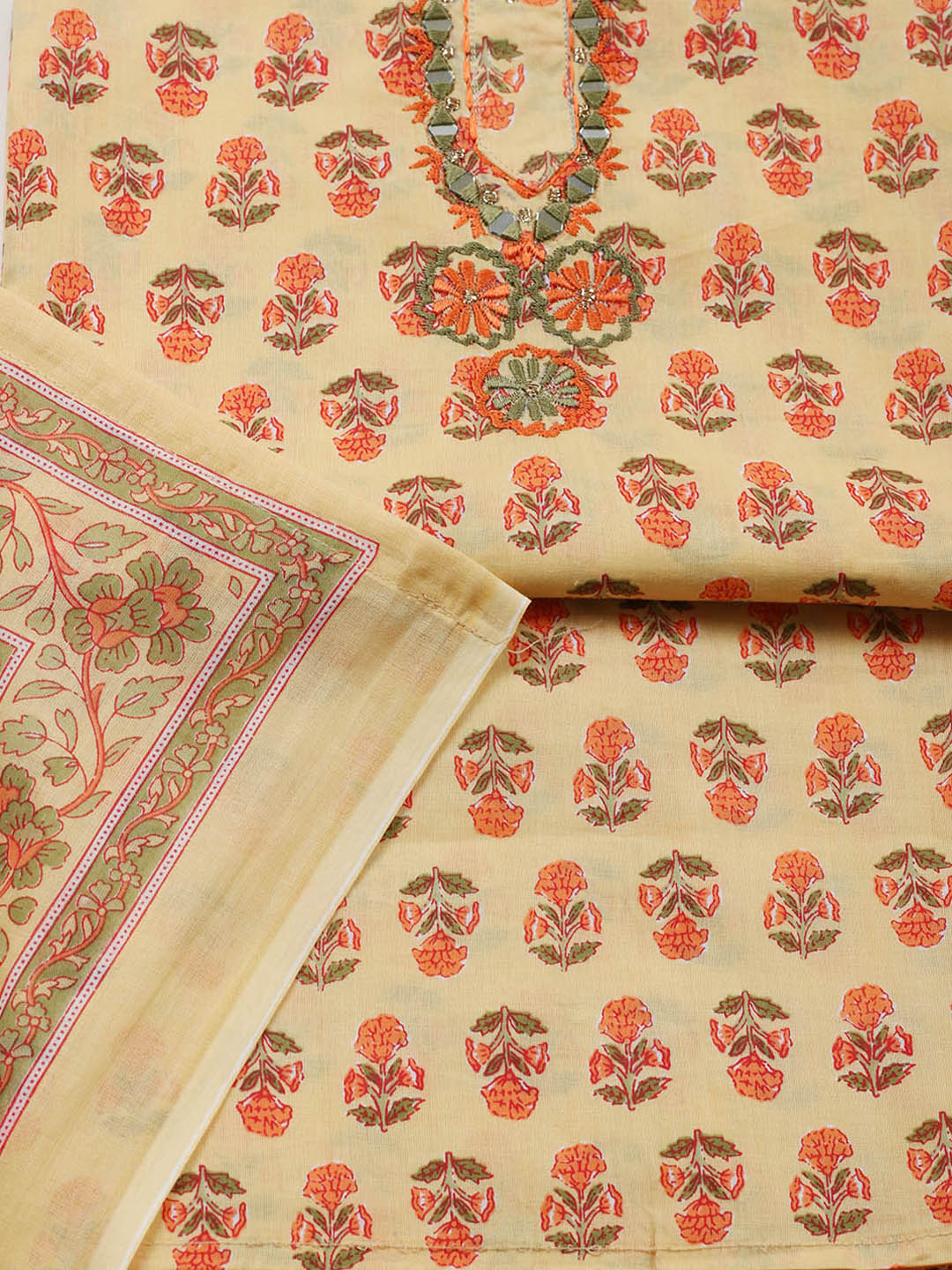 Embellished Cotton Blend Unstitched Suit With Pant &amp; Dupatta
