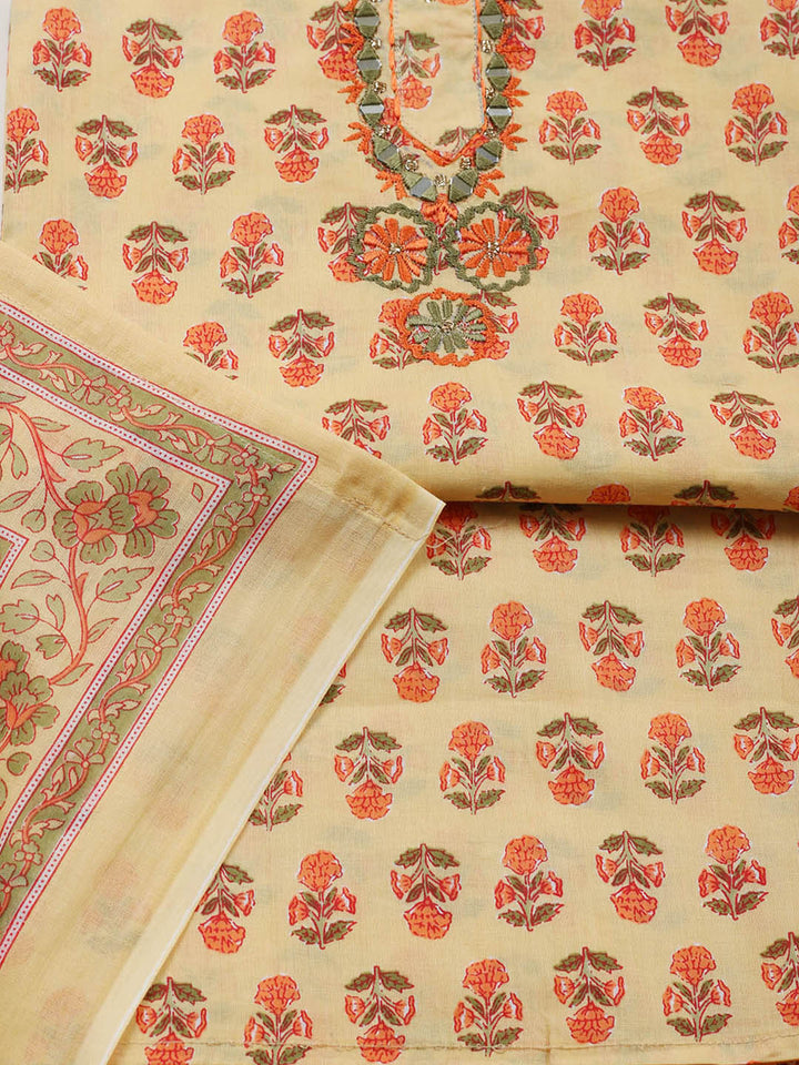 Embellished Cotton Blend Unstitched Suit With Pant &amp; Dupatta