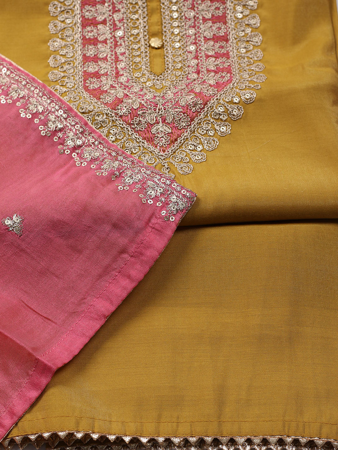 Neck Embroidered Chanderi Unstitched Suit With Dupatta