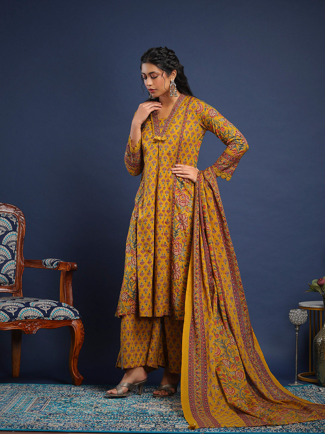 Mustard Cotton Blend Printed Straight Suit Set