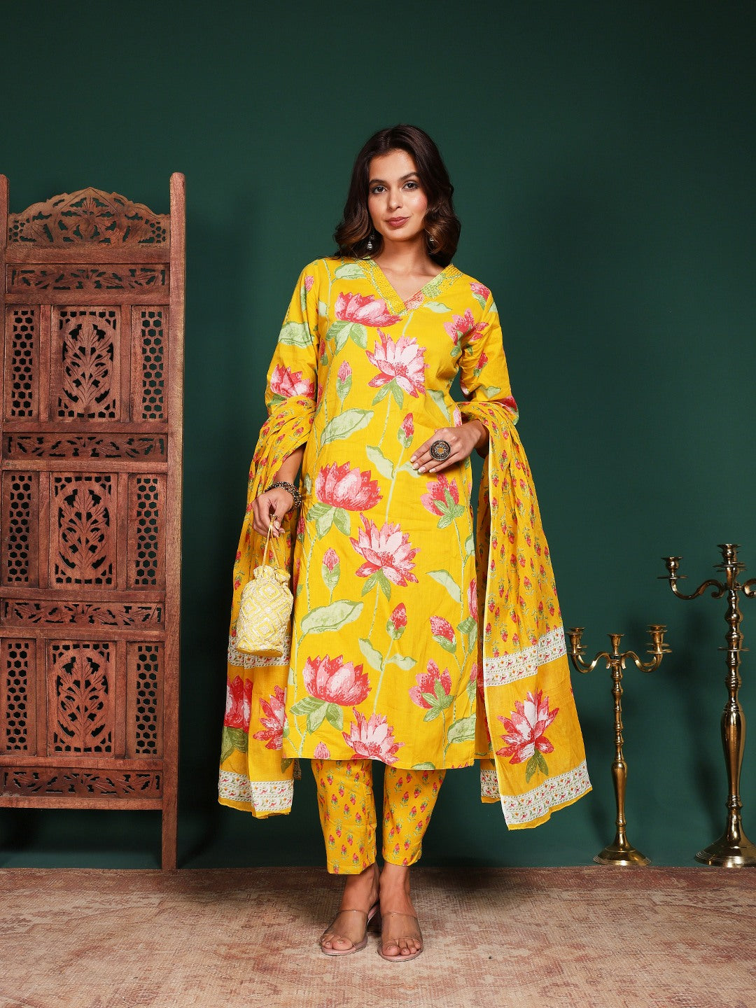 Floral Printed Cotton Blend Kurta With Pant &amp; Dupatta
