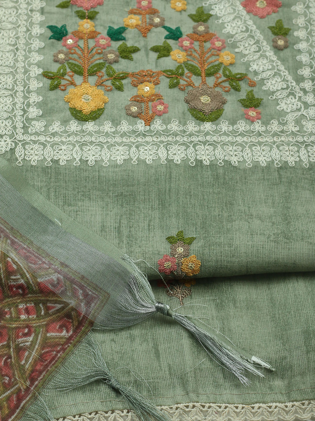 Embroidered Linen Unstitched Kurta With Pant &amp; Dupatta