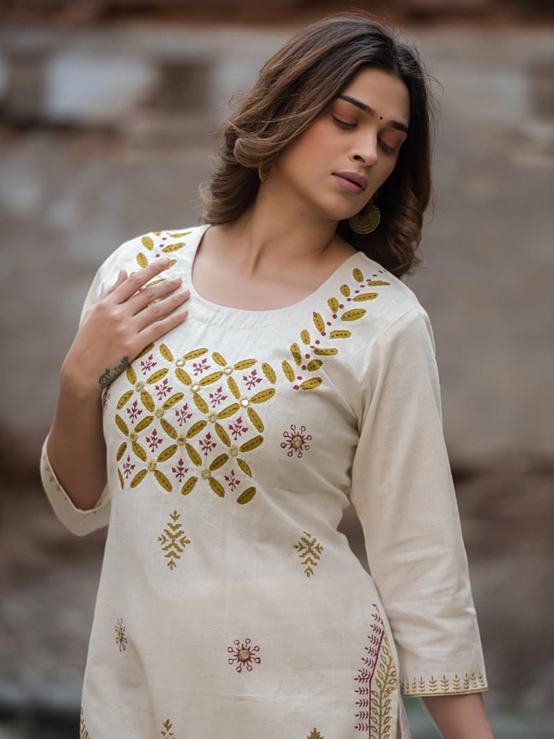 Yellow Embroidered Cotton Blend Straight Suit Set With Dupatta
