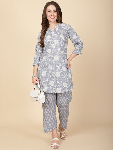 Floral Printed Cotton Kurti With Pants