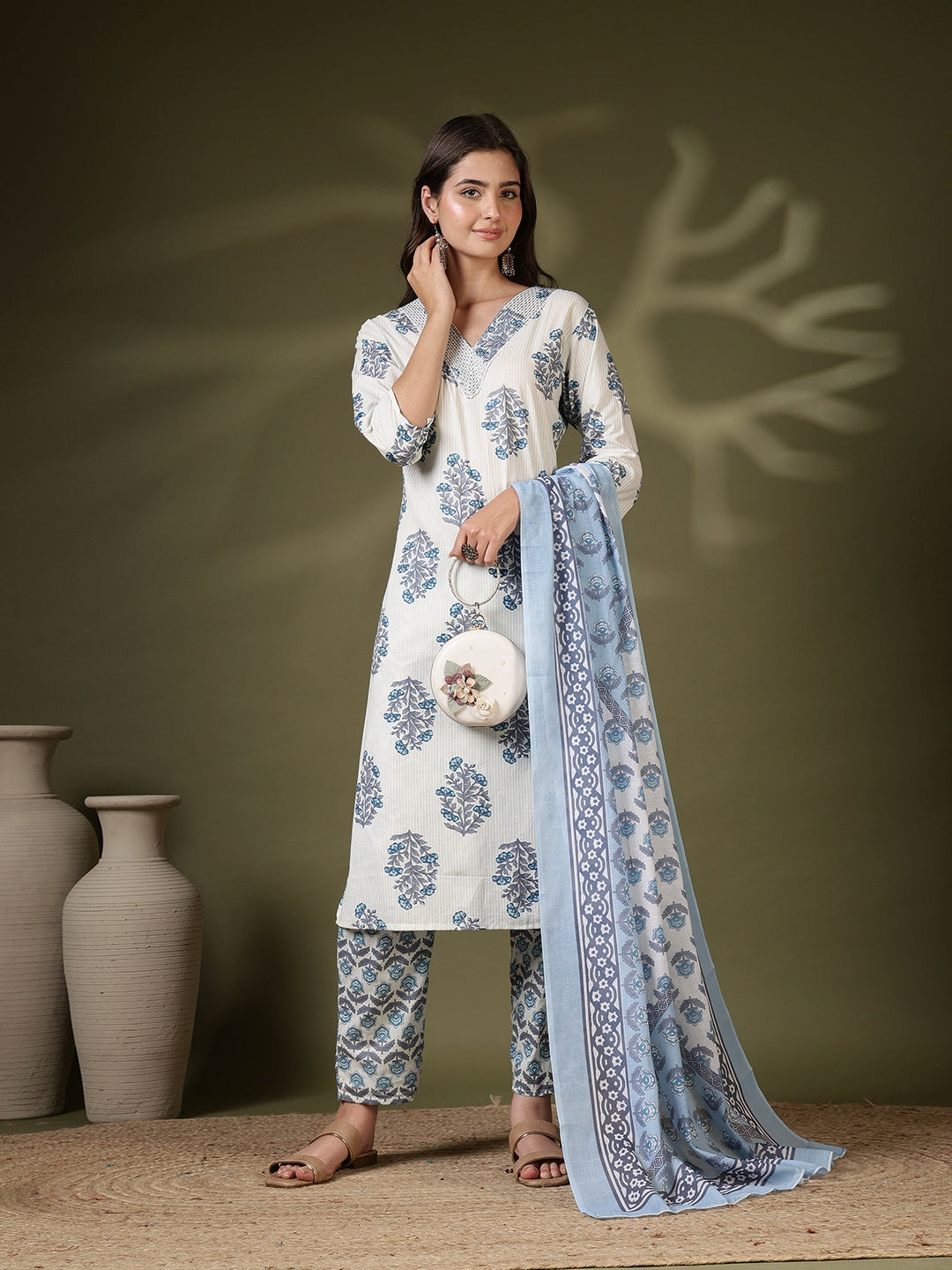 Printed Cotton Blend Kurta With Pant &amp; Dupatta