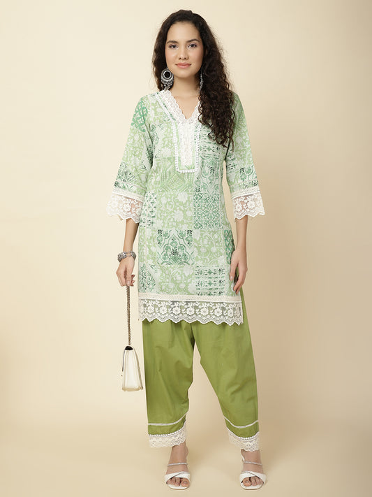 Printed & Panel Embroidery Cotton Kurta With Pants