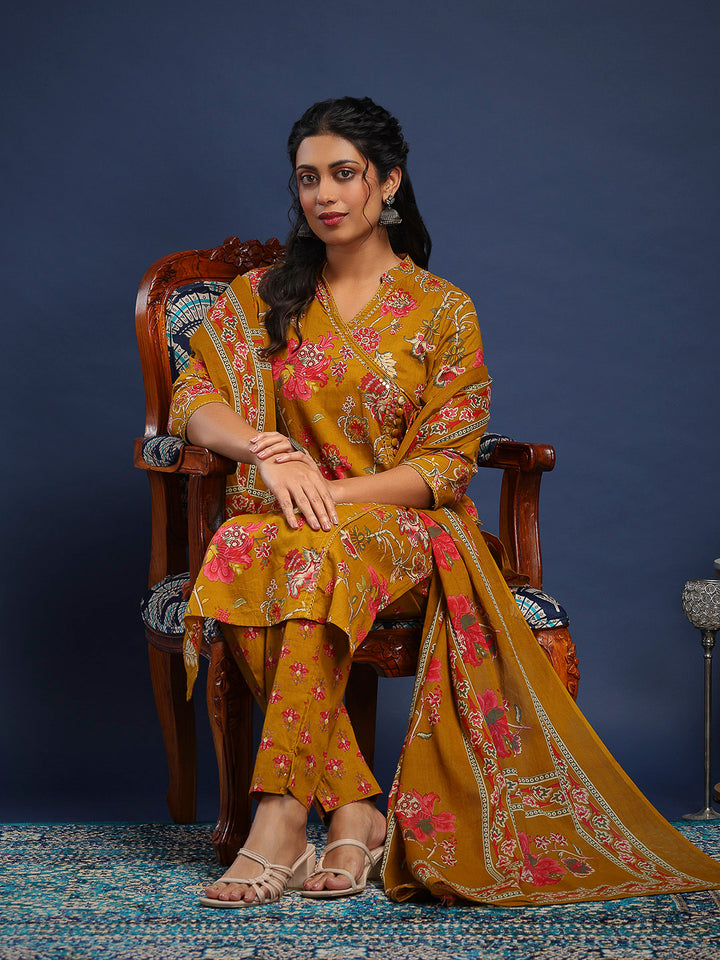 Mustard Cotton Blend Printed A Line Suit Set