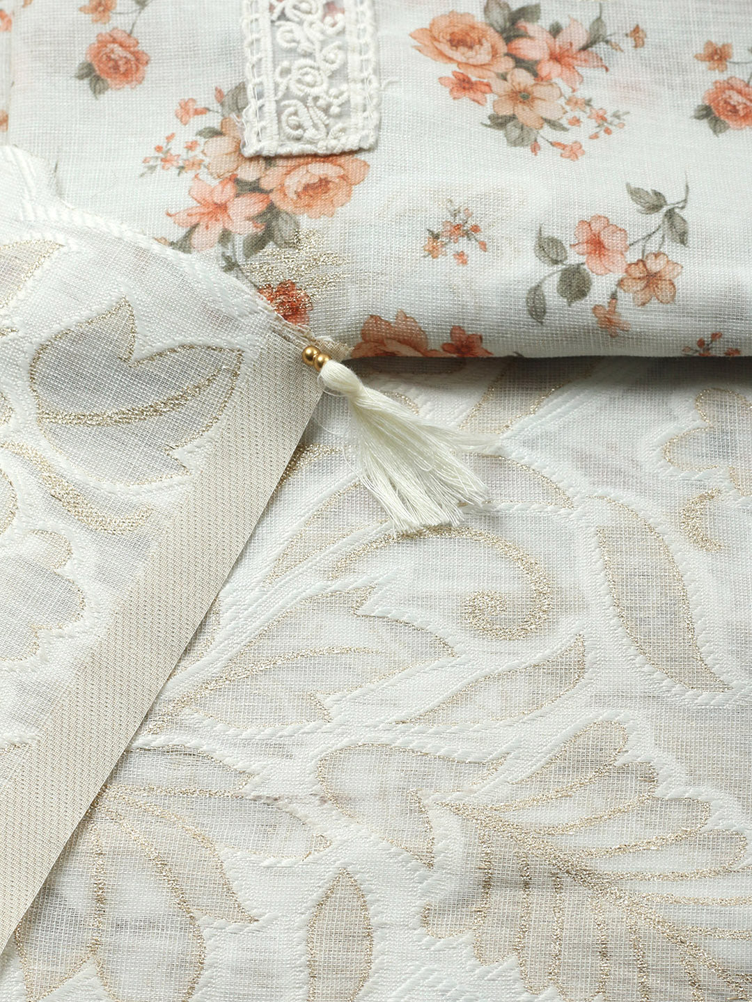 Embroidered Linen Blend Unstitched Suit With Pant &amp; Dupatta