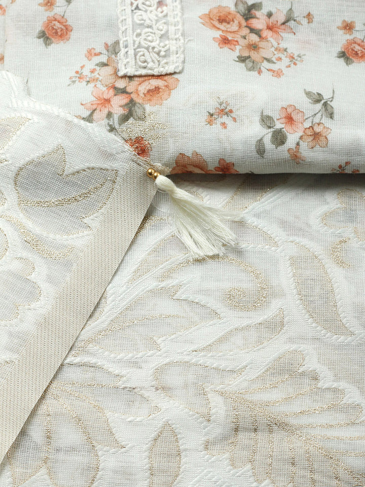 Embroidered Linen Blend Unstitched Suit With Pant &amp; Dupatta