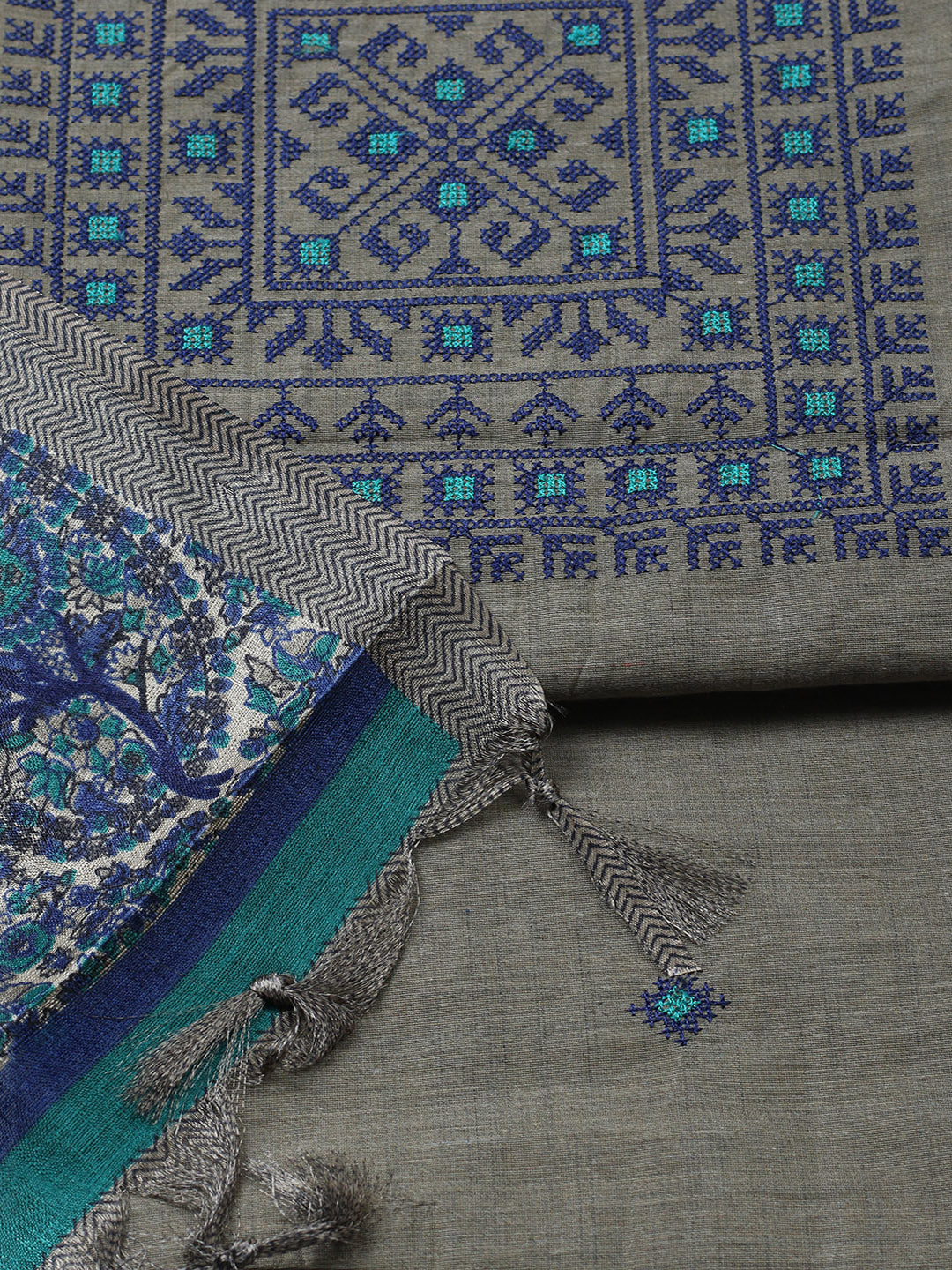 Embroidered Cotton Blend Unstitched Suit With Pant &amp; Dupatta