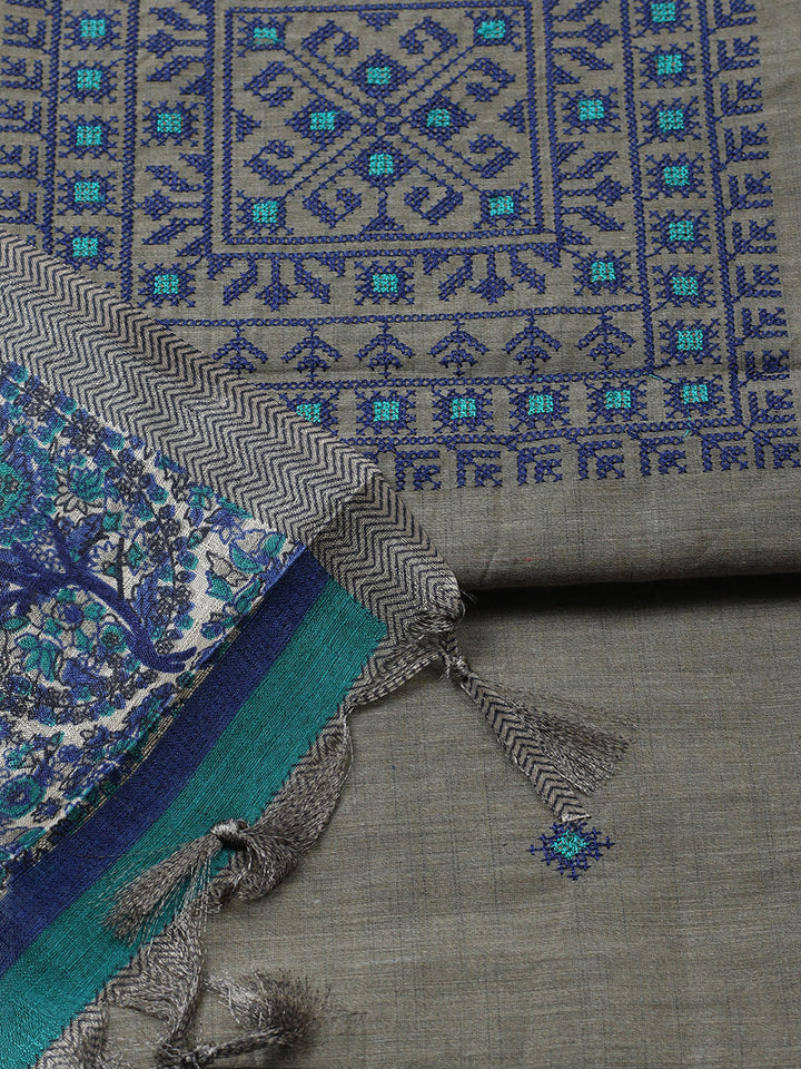 Embroidered Cotton Blend Unstitched Suit With Pant &amp; Dupatta