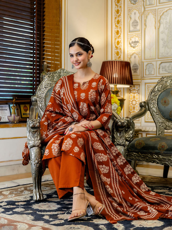 Rust Cotton Blend Printed Straight Suit Set