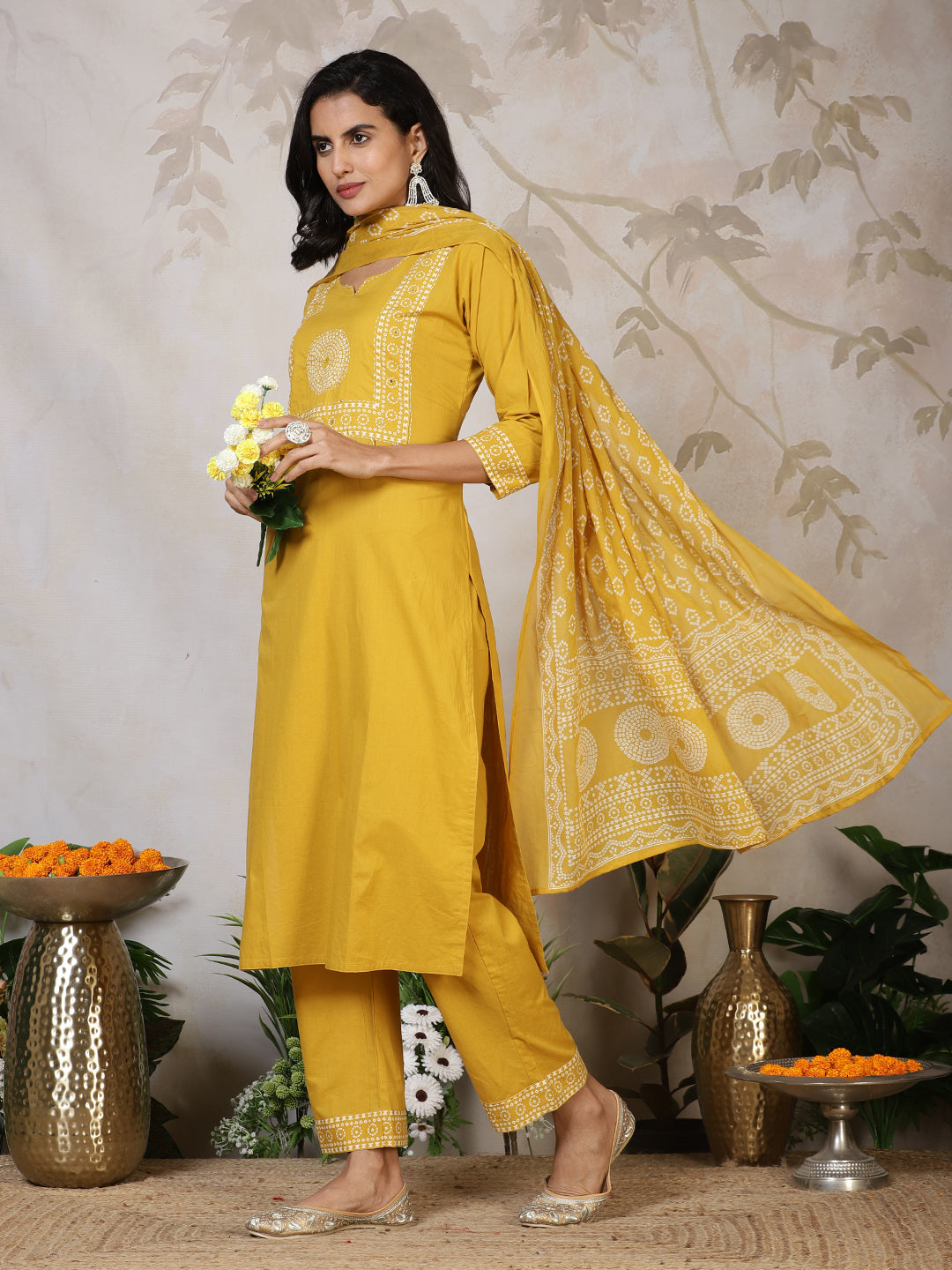 Printed Cotton Blend Kurta With Pants & Dupatta
