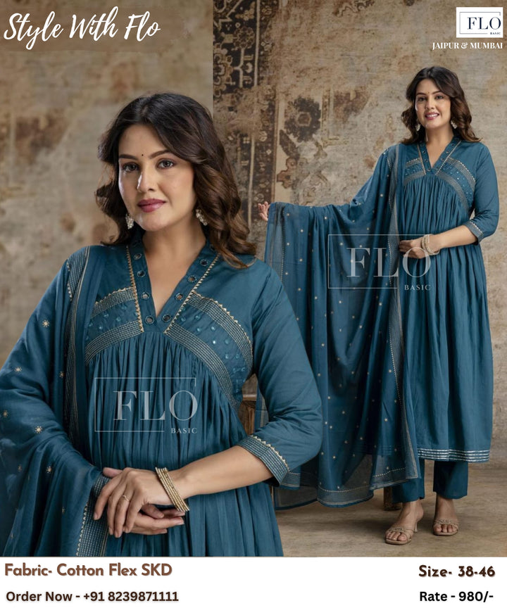Blue Cotton Blend Embroidered Straight Suit Set
