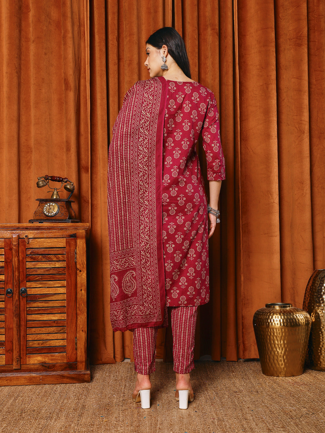 Printed Cotton Blend Kurta With Pants & Dupatta