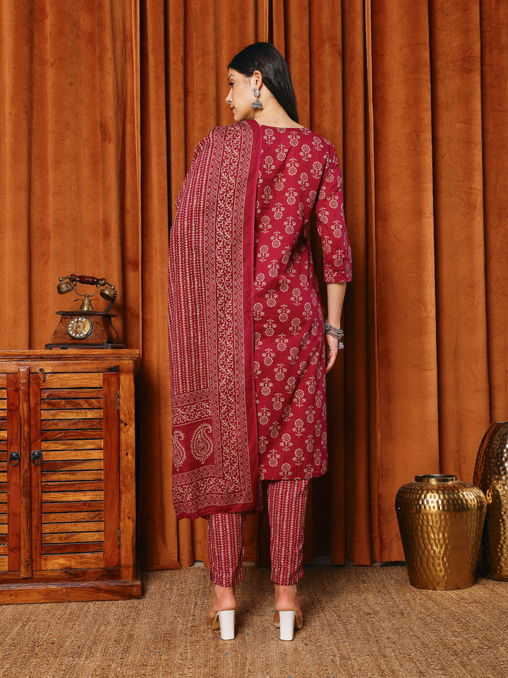 Printed Cotton Blend Kurta With Pants &amp; Dupatta